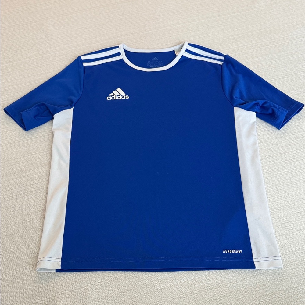Adidas Aeroready Kids Blue Jersey with White Stripes. Size L.
